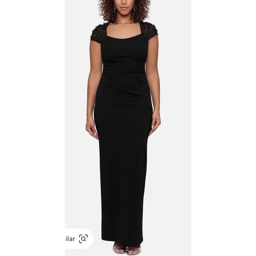 X By Escape Gown Size 8 Petite Black Lace Shoulder Full Length Mermaid NWT